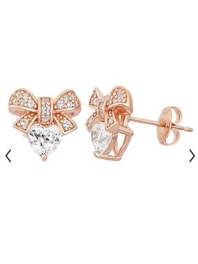 White Sapphire 18k Rose Gold Over Silver Bow & Heart Stud Earrings